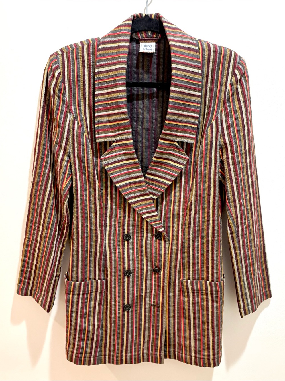 Vintage Women’s Blazer Stripped Cotton Double Breasted Notched Lapel 70’s Retro